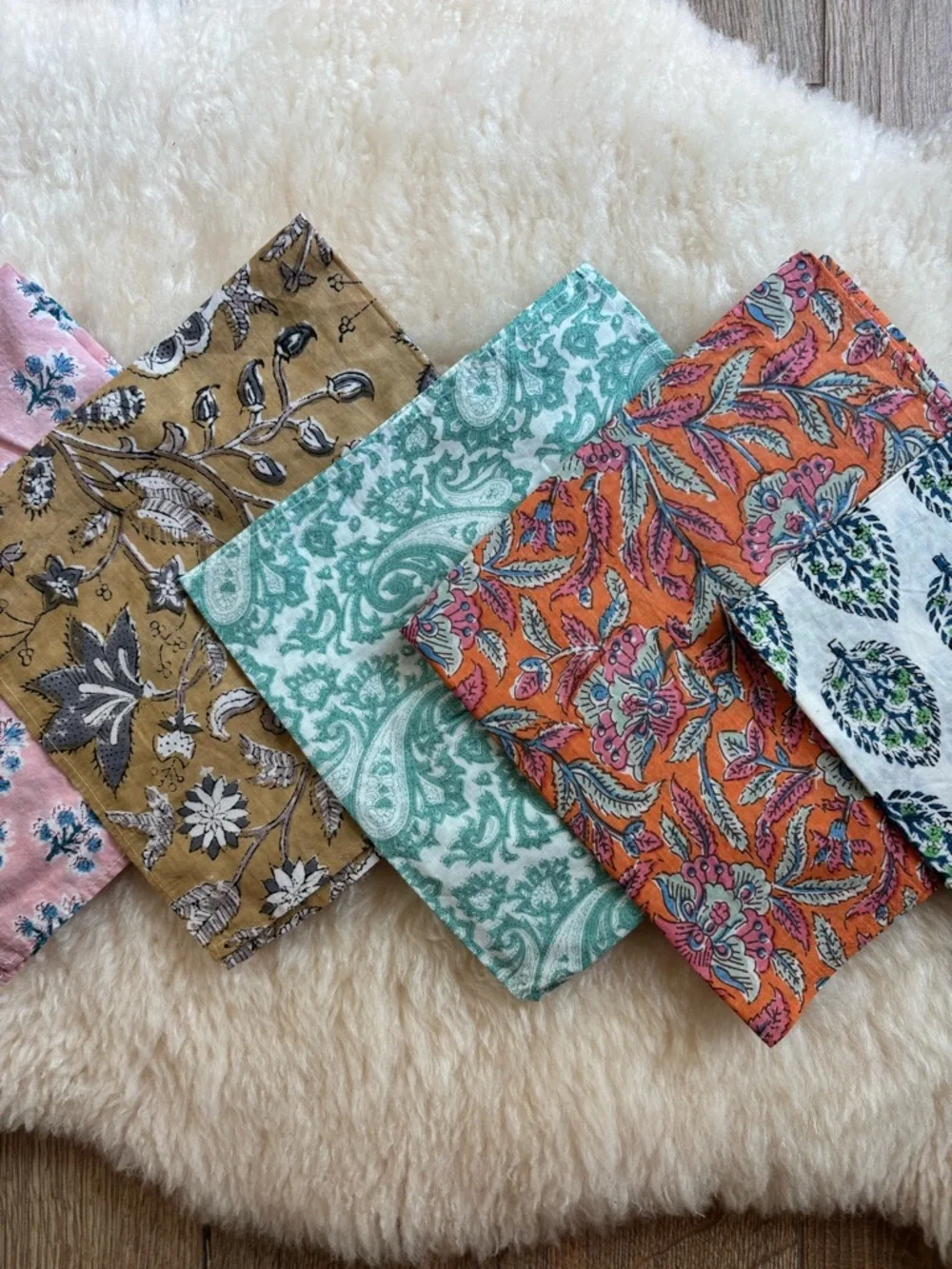 Set of 5 Block Print Cotton Napkins Floral Paisley Boho Coastal 16” Square